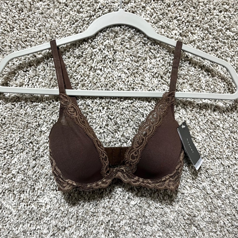 Natori Bra Women's 30C Truffle Brown Feathers Lace Plunge T-Shirt Underwire NWT